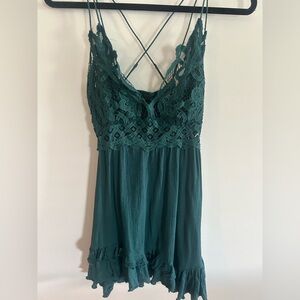 Free People GREEN Adella slip dress - lace, cross back, ruffle